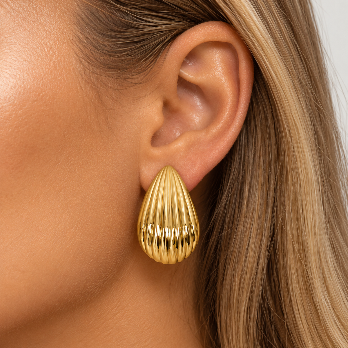 Gold Ribbed Teardrop Statement Earrings