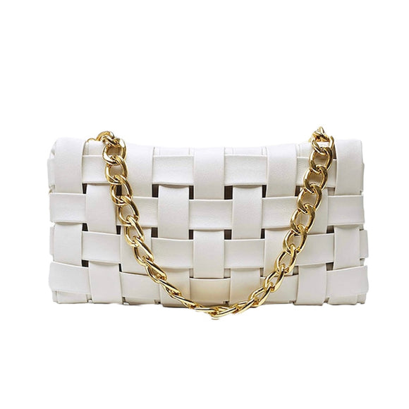 White Weave Gold Chain Shoulder Bag