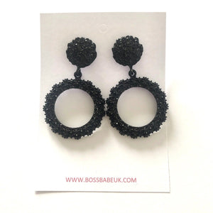 Black Textured Round Drop Earrings
