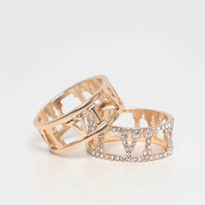 Roman Numerals Diamanté & Gold Ring Set